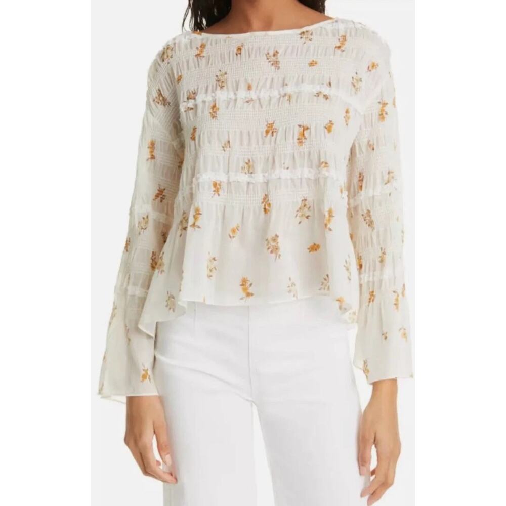 Rebecca Taylor Ditsy Floral Ines Smocked Blouse S Ivory Sheer Boho Cottagecore